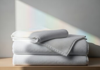 Stack of Clean White Cotton Towels with Rainbow Light Reflection