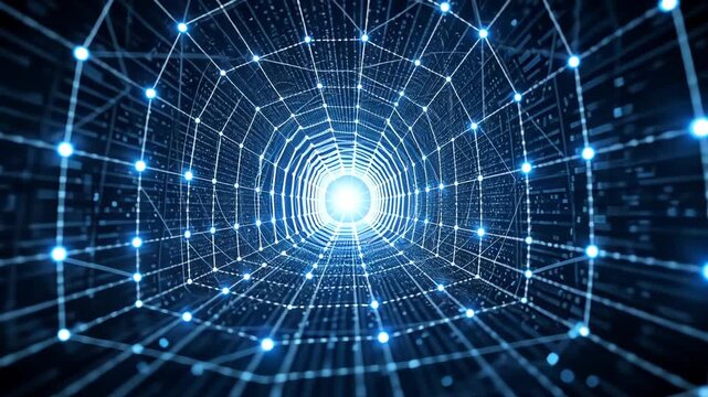 Futuristic digital tunnel glowing light network data visualization