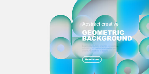 Obraz premium Abstract geometric shapes, vibrant blue hues, modern design. Text overlay promotes further exploration, clean aesthetic.