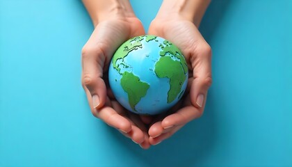 A peace symbol rests on hands holding a globe, representing harmony and a vision for a peaceful world on a blue backdrop