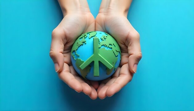 Hands clasp a globe featuring a peace symbol, conveying a message of love and unity against a serene blue background