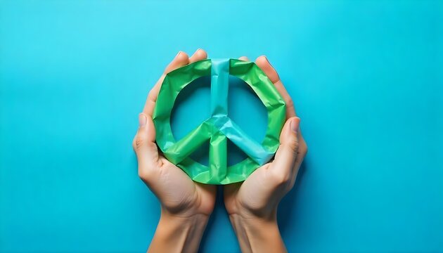 A blue background features a white peace sign, representing love, freedom, and anti-war sentiments - Powered by Adobe
