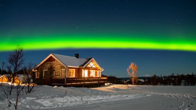 Cozy Cabin Under the Stunning Green Aurora Lights in a Snowy Winter Landscape During Nighttime Scene in Rural Finland