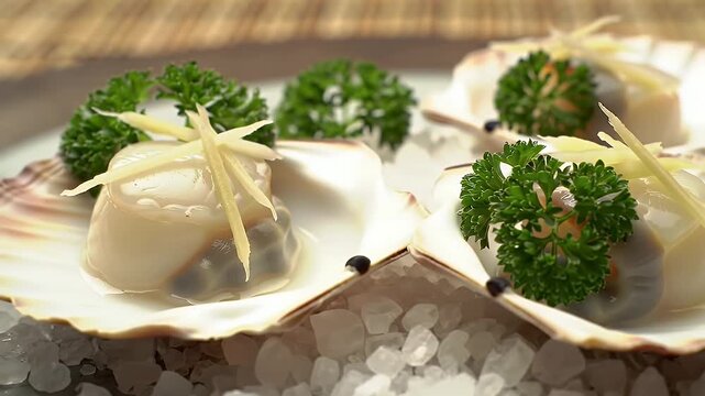 Three Scallops on the Half Shell with Parsley and Ginger Garnish