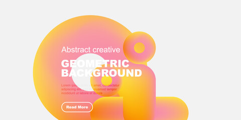 Abstract geometric background features vibrant orange, pink hues. Text overlay includes sample text, call to action button. Minimalist design.