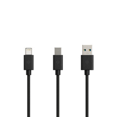 Different charging cables: USB-A, USB-C and Lightning connectors for electronic devices