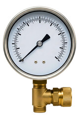Industrial pressure gauge with brass fitting and dial indicator isolated on a transparent background