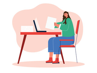 College woman doing university work using earphones to listen to a song. University illustrations. Flat vector illustration. Character design.
