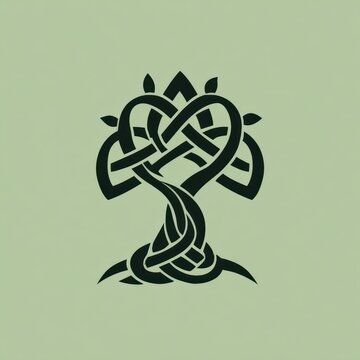 Stylized knot-work tree silhouette in dark color on a light green background