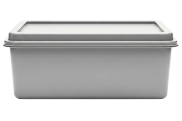 Gray rectangular plastic food container with a matching lid isolated on a transparent background