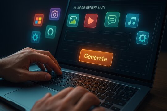 Hands typing on a laptop with an AI image generation interface.