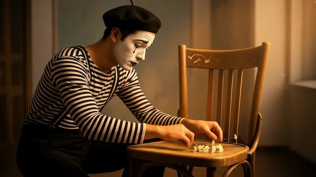 A Melancholy Mime Sits Alone in a Sunlit Room Reflecting on a Fragile Faded Memory.