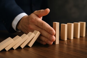 Hand preventing a domino effect on a wooden surface.