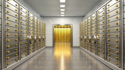 A modern bank vault featuring rows of secure safety deposit boxes and a large, imposing entrance in a sleek metallic design.