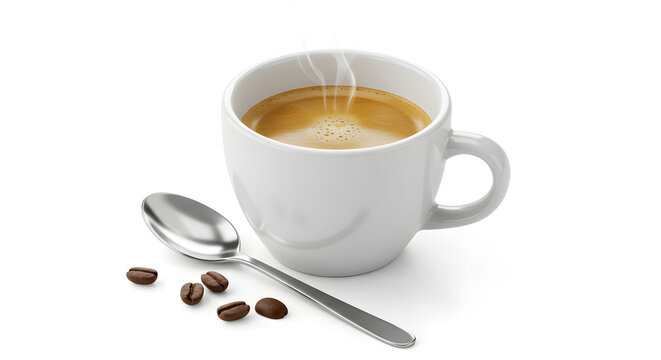 X&iacute;cara de caf&eacute; expresso ao lado de gr&atilde;os e colher isolados