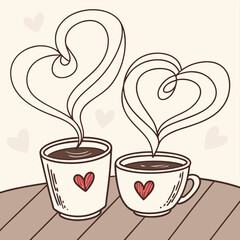 two coffee cups with heart steam love illustration