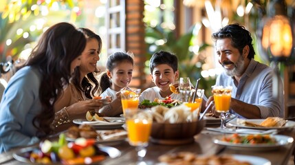 A warm and joyful Latin American family sitting around the family dinner table 