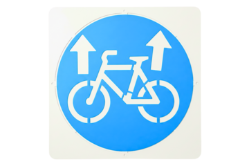 Plastic stencil for painting a blue bicycle lane road sign isolated on a transparent background
