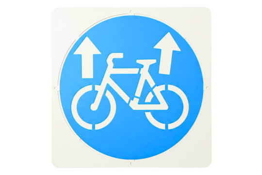 Plastic stencil for painting a blue bicycle lane road sign isolated on a transparent background