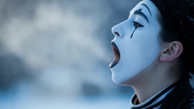 Cinematic Profile of a Melancholy Mime Artist Breathing in the Cold During a Gentle Winter Snowfall.