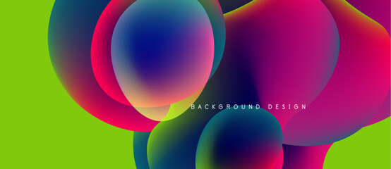 Abstract vibrant circles overlap, creating fluid colorful shapes. Bright green background complements magenta, blue hues. Modern design element.