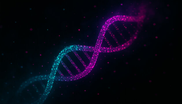 Neon glowing DNA double helix in pink and cyan colors on dark background representing genetics and molecular biology research