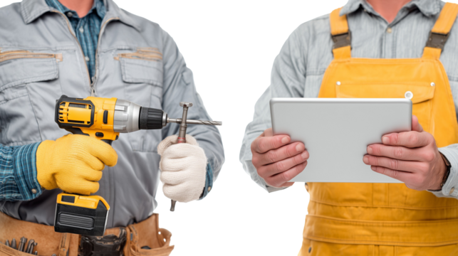 Two workers with a drill and a tablet