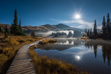 Autumn Mountain Lake with Wooden Boardwalk and Sunrise Reflections