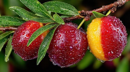 Ripe red and yellow plums growing on a leafy branch