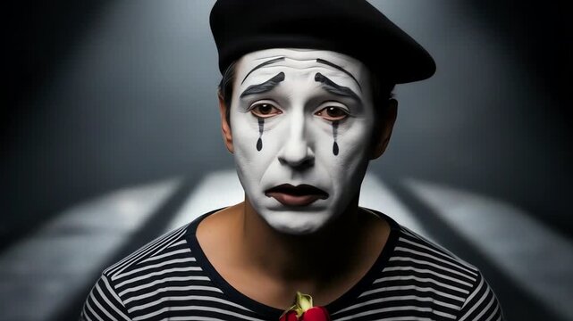 Heartbroken Mime Performer Expresses Sadness with a Single Red Rose Under Dramatic Lighting.