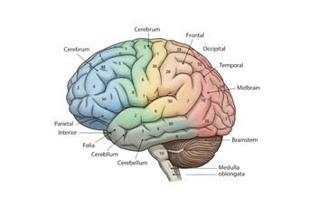 Human brain anatomy illustration labeled multi color png on transparent background