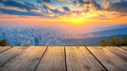 City Sunset Panorama From Wooden Platform