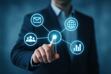 Obraz premium A person interacts with a network of digital icons representing communication and data.