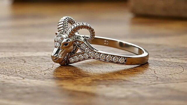 Elegant silver ring featuring a ram's head design with sparkling gemstones on a wooden surface