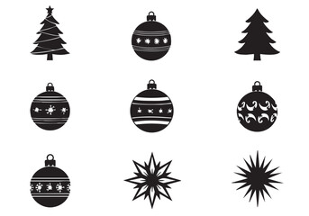 Elegant Black and White Christmas Icons Trees, Ornaments, and Stars