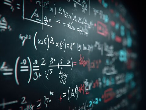 Complex mathematical equations densely cover a dark surface