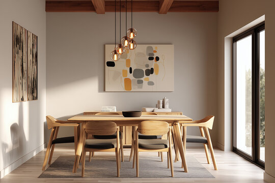 Comedor de madera clara con l&aacute;mpara colgante