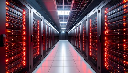 Fototapeta premium A long corridor of brightly lit server racks in a data center