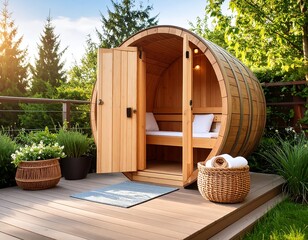 Naklejka premium Barrel-shaped outdoor sauna on a deck, nestled in a lush garden