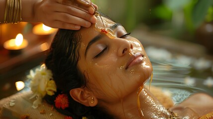 A serene woman receiving an Ayurvedic head massage