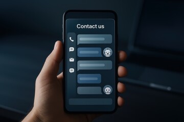 Obraz premium A smartphone displays a contact us interface with message bubbles.