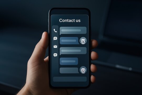 A smartphone displays a contact us interface with message bubbles.