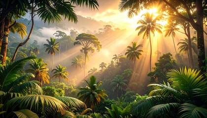 Tropical Sunrise in Lush Rainforest Canopy, Sunlight Beams Through Trees.