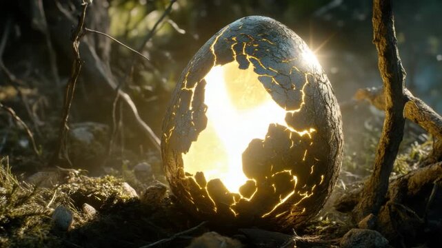 Cracked Egg Shell Surrounded by Greenery with Bright Light Emitting from Inside in a Natural Setting 4k video footage