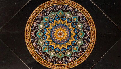 Obraz premium Circular tile with vibrant, intricate floral and geometric patterns in blues, yellows, and greens, set against a dark background
