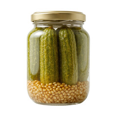 Pickled cucumbers in a glass jar with mustard seeds offer a tangy and flavorful treat