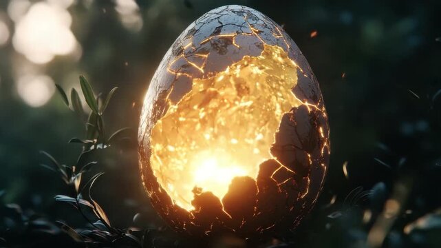Cracked Egg Shell Glowing with Golden Light Surrounded by Lush Greenery in a Mystical Forest Setting 4k video footage