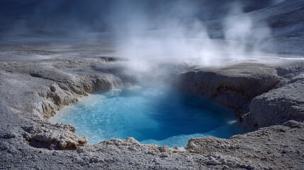 Fototapeta premium Macro view of a steaming acidic volcanic pool with milky blue water and vivid mineral deposits