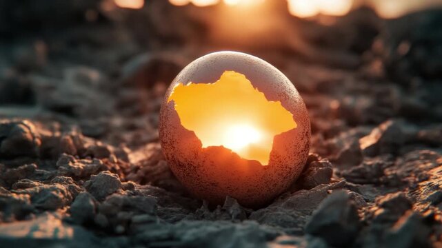 Illuminated Egg Shell in Sunset on Rocky Ground with Natural Light Creating Warm Atmosphere 4k video footage