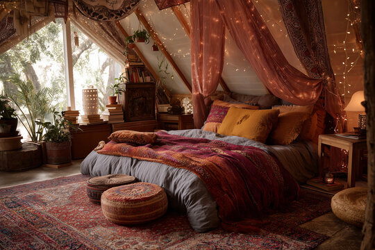 Dormitorio boho con textiles en capas y luz suave de ma&ntilde;ana